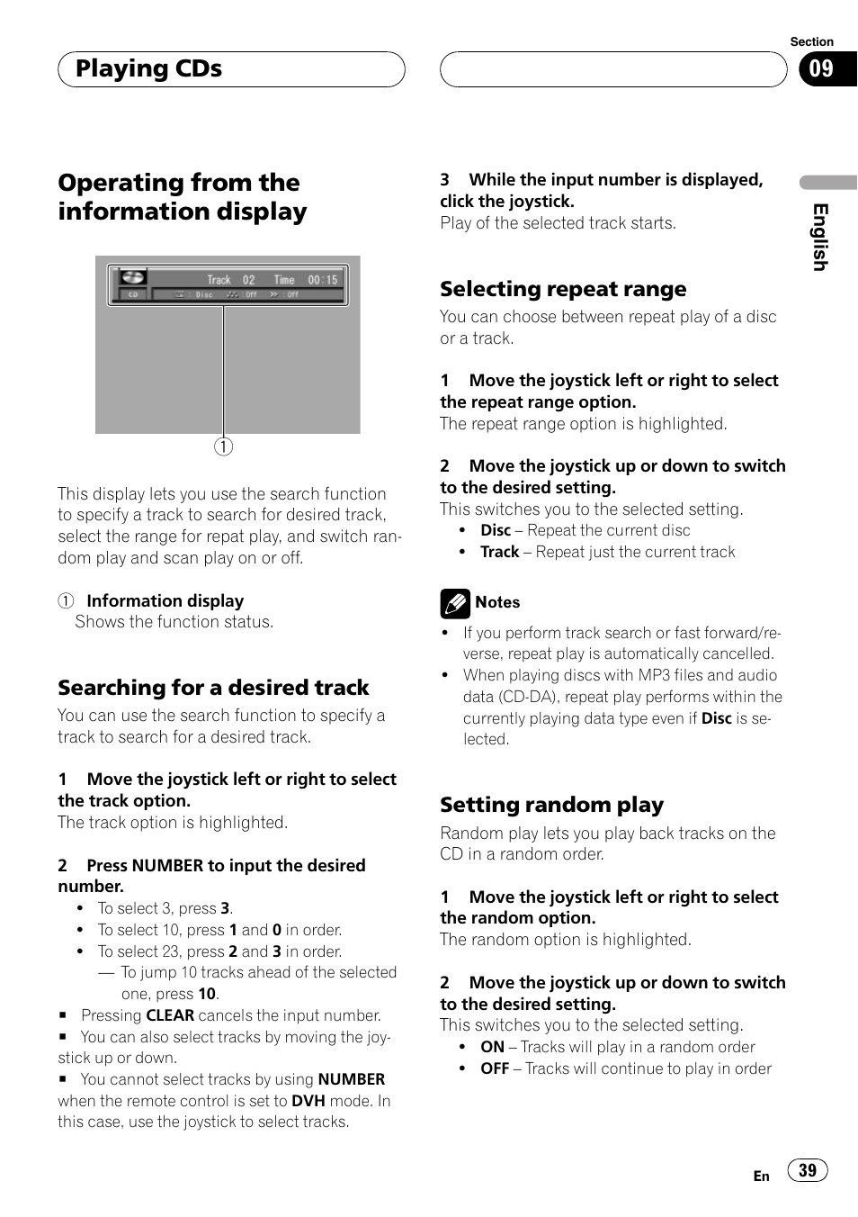 Operating from the information display 39, Operating from the information display, Playing cds | Searching for a desired track, Selecting repeat range, Setting random play | Pioneer DVH-P5000MP User Manual | Page 39 / 204