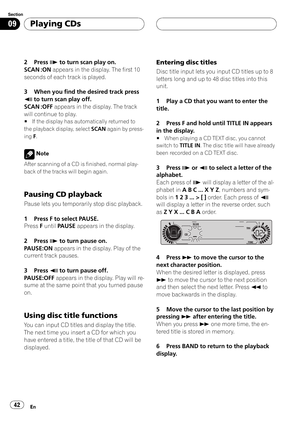 Playing cds, Pausing cd playback, Using disc title functions | Pioneer DVH-P5000MP User Manual | Page 42 / 204