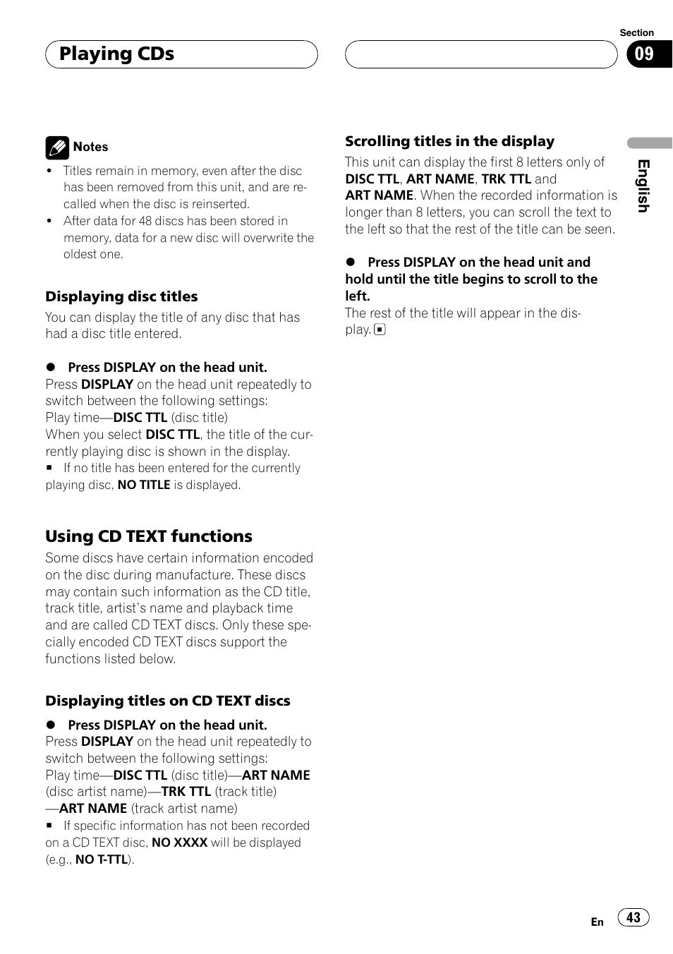 Playing cds, Using cd text functions | Pioneer DVH-P5000MP User Manual | Page 43 / 204