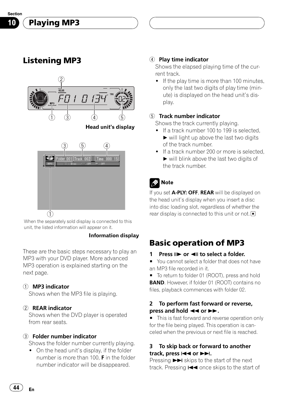 Listening mp3, Basic operation of mp3, Playing mp3 | Pioneer DVH-P5000MP User Manual | Page 44 / 204