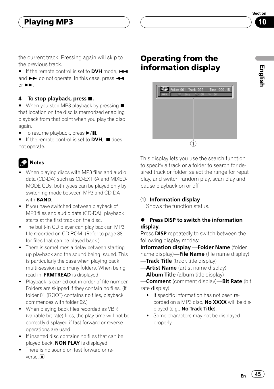 Operating from the information display 45, Operating from the information display, Playing mp3 | Pioneer DVH-P5000MP User Manual | Page 45 / 204