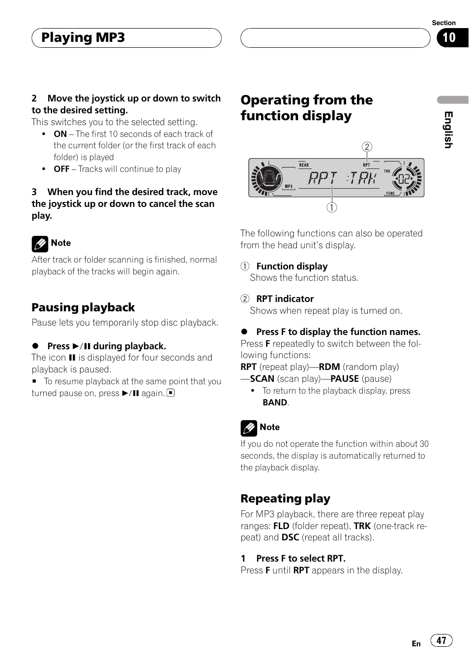 Operating from the function display 47, Operating from the function display, Playing mp3 | Pioneer DVH-P5000MP User Manual | Page 47 / 204