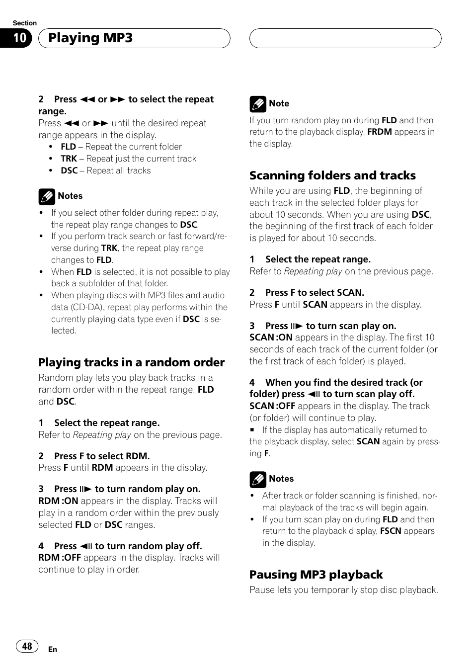 Playing mp3, Playing tracks in a random order, Scanning folders and tracks | Pausing mp3 playback | Pioneer DVH-P5000MP User Manual | Page 48 / 204