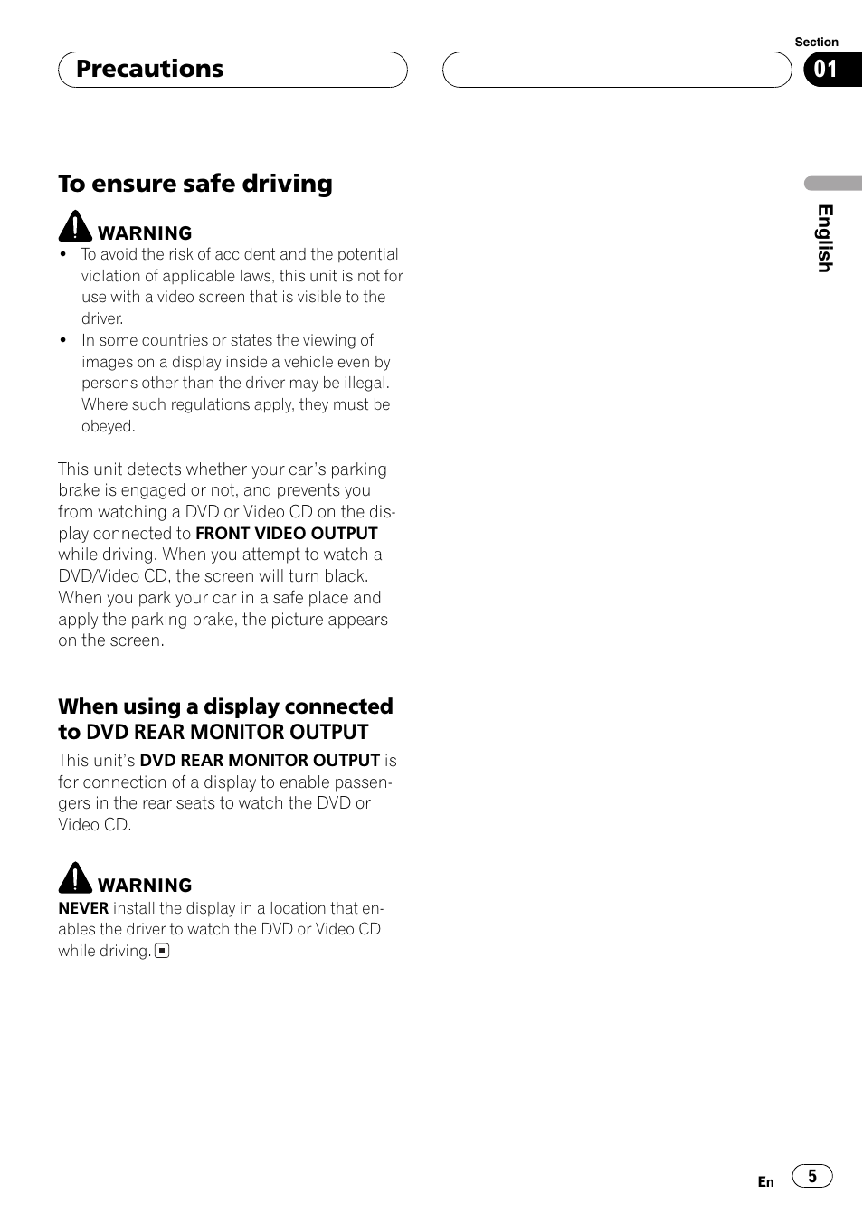 Precautions to ensure safe driving 5, Precautions | Pioneer DVH-P5000MP User Manual | Page 5 / 204