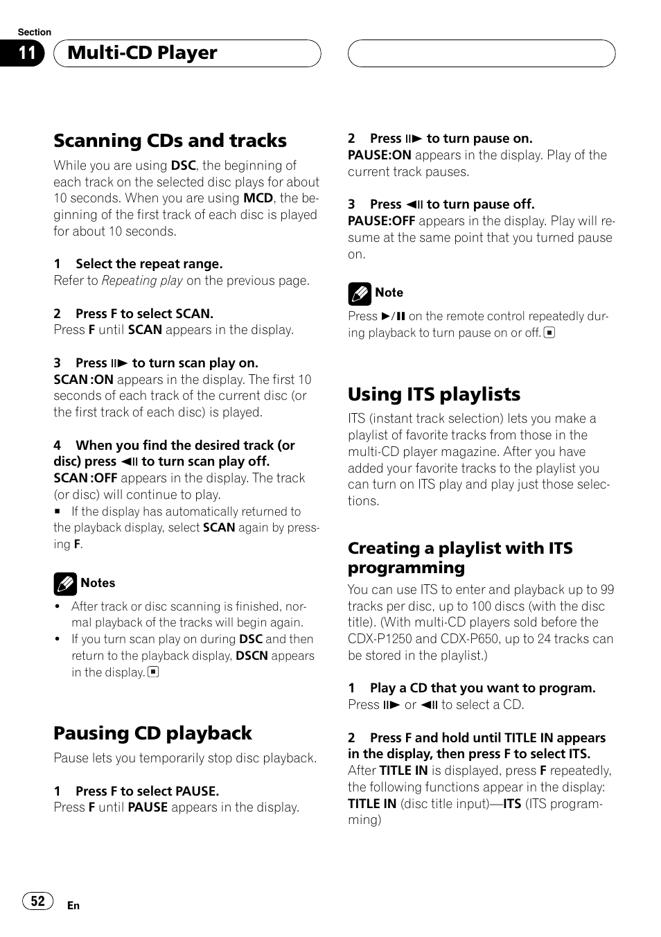 Scanning cds and tracks, Pausing cd playback, Using its playlists | Multi-cd player, Creating a playlist with its programming | Pioneer DVH-P5000MP User Manual | Page 52 / 204