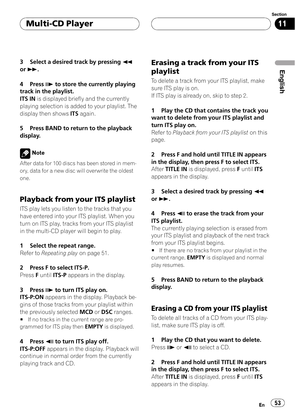 Multi-cd player, Playback from your its playlist, Erasing a track from your its playlist | Erasing a cd from your its playlist | Pioneer DVH-P5000MP User Manual | Page 53 / 204