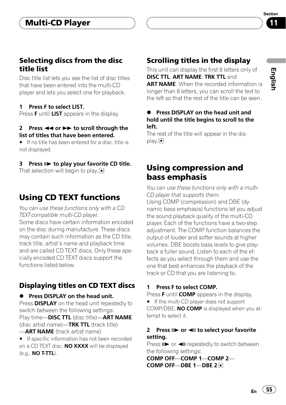 Using cd text functions, Using compression and bass emphasis, Multi-cd player | Pioneer DVH-P5000MP User Manual | Page 55 / 204
