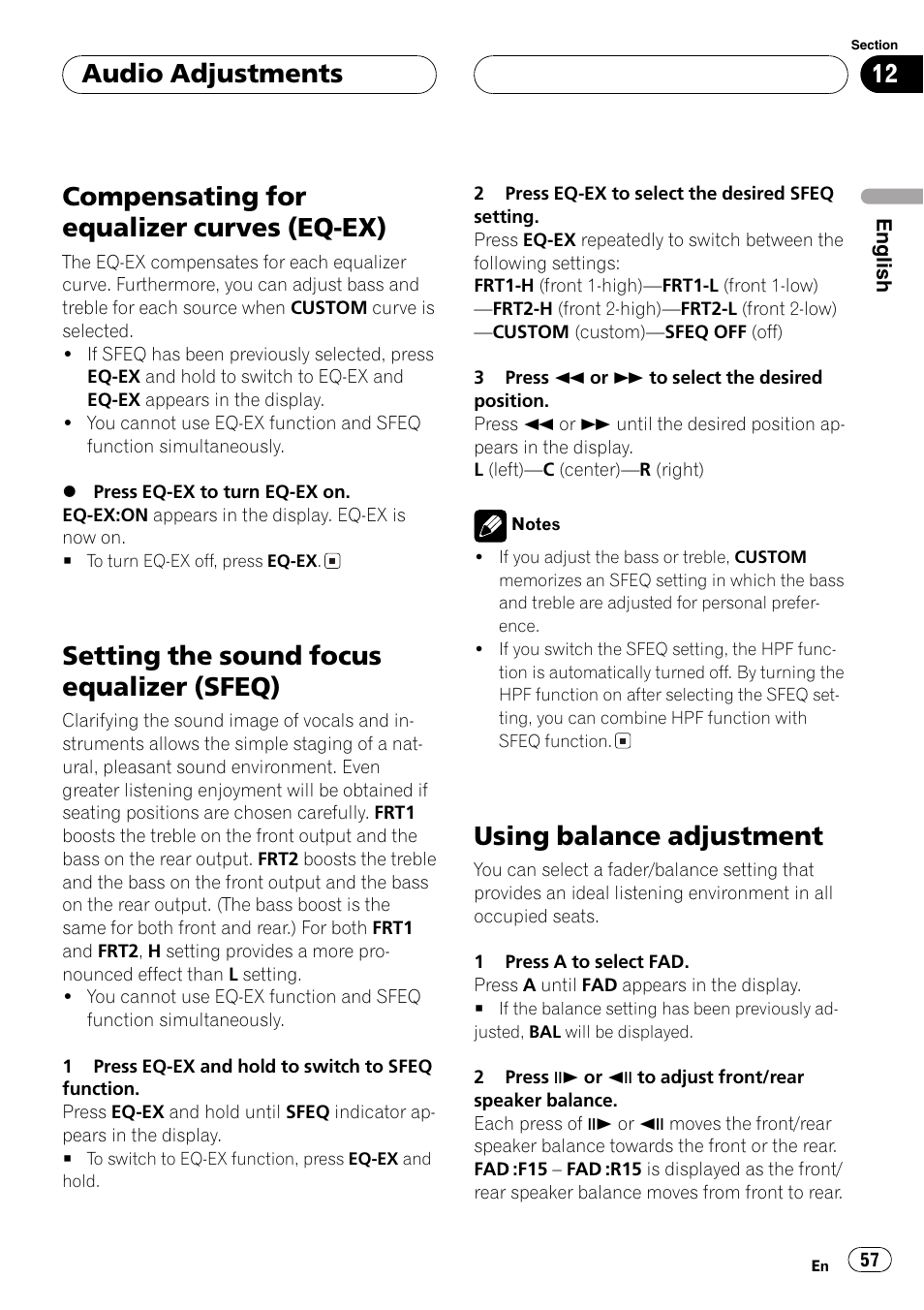 Compensating for equalizer curves (eq, Ex) 57, Setting the sound focus equalizer | Sfeq) 57, Using balance adjustment 57, Compensating for equalizer curves (eq-ex), Setting the sound focus equalizer (sfeq), Using balance adjustment, Audio adjustments | Pioneer DVH-P5000MP User Manual | Page 57 / 204