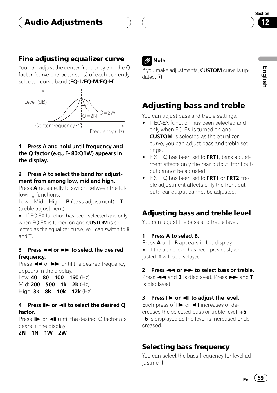 Adjusting bass and treble 59, Adjusting bass and treble, Audio adjustments | Fine adjusting equalizer curve, Adjusting bass and treble level, Selecting bass frequency | Pioneer DVH-P5000MP User Manual | Page 59 / 204