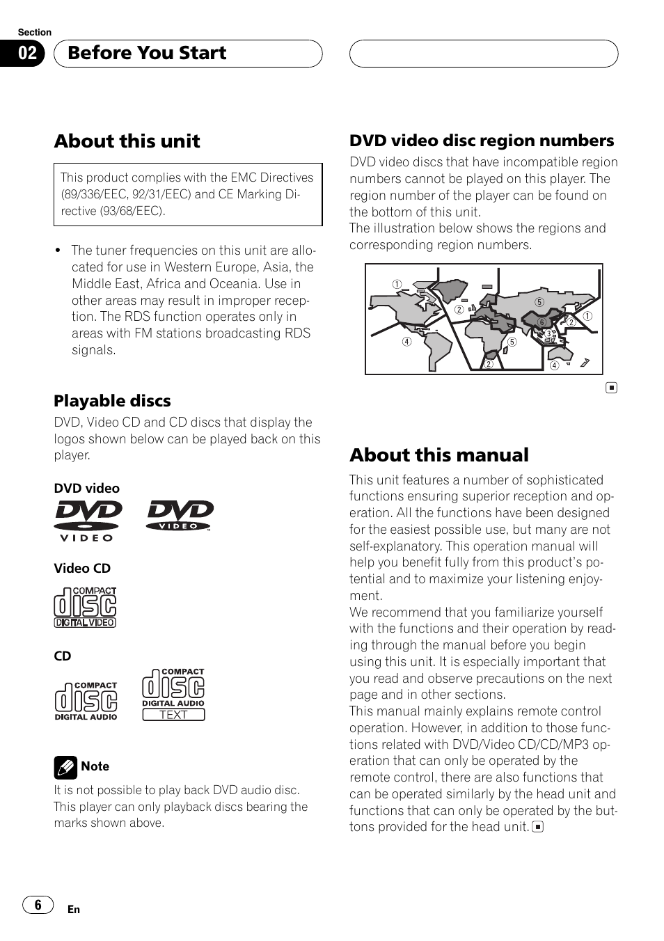 Playable discs 6, Dvd video disc region numbers 6, About this unit | About this manual, Before you start, Playable discs, Dvd video disc region numbers | Pioneer DVH-P5000MP User Manual | Page 6 / 204