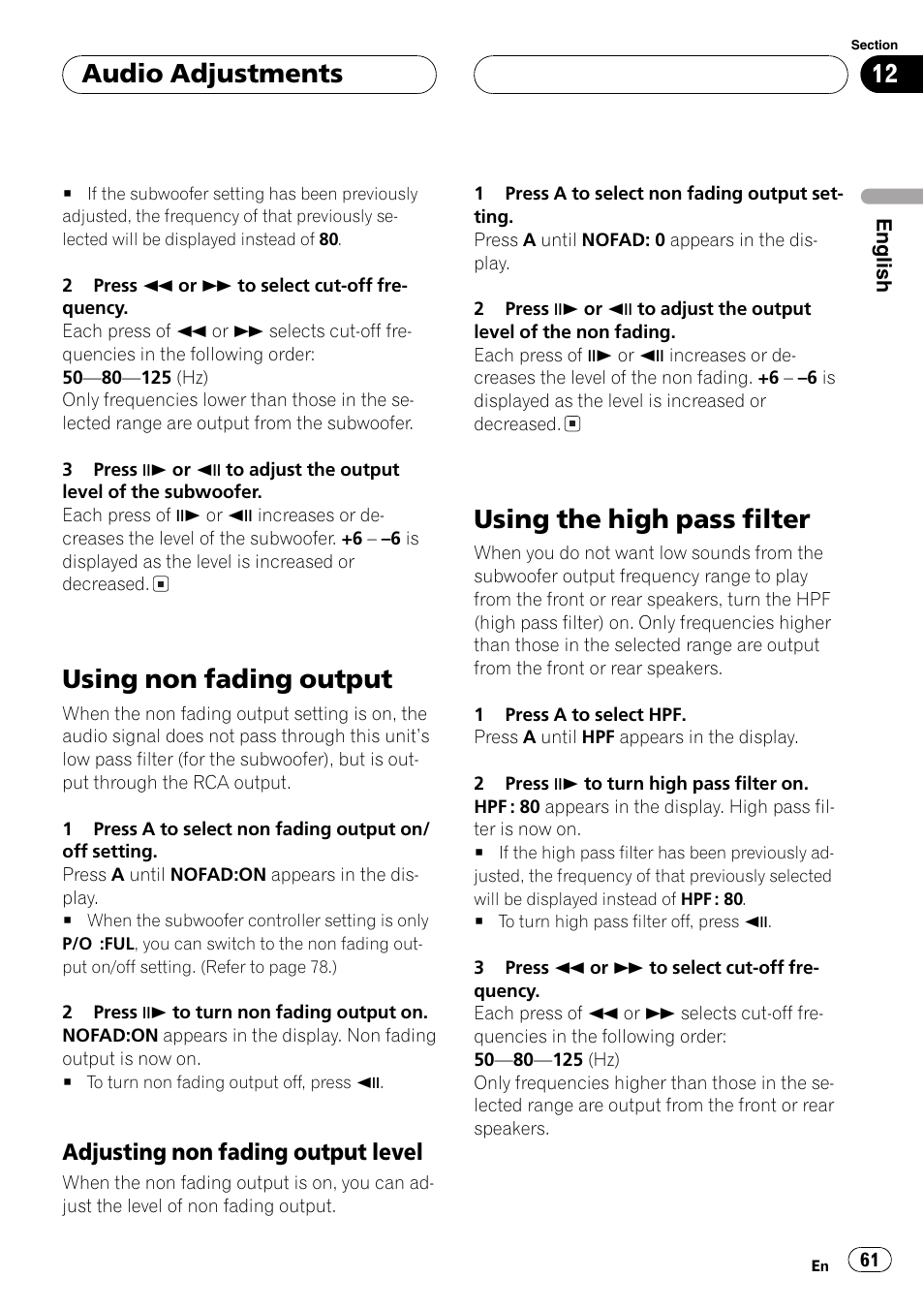 Using non fading output, Using the high pass filter, Audio adjustments | Adjusting non fading output level | Pioneer DVH-P5000MP User Manual | Page 61 / 204
