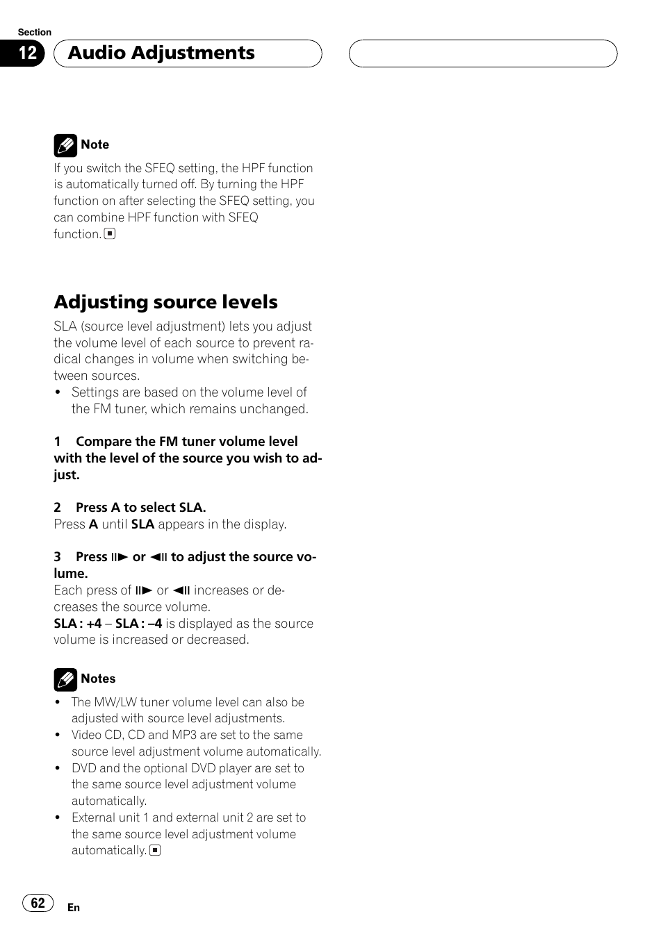 Adjusting source levels 62, Adjusting source levels, Audio adjustments | Pioneer DVH-P5000MP User Manual | Page 62 / 204