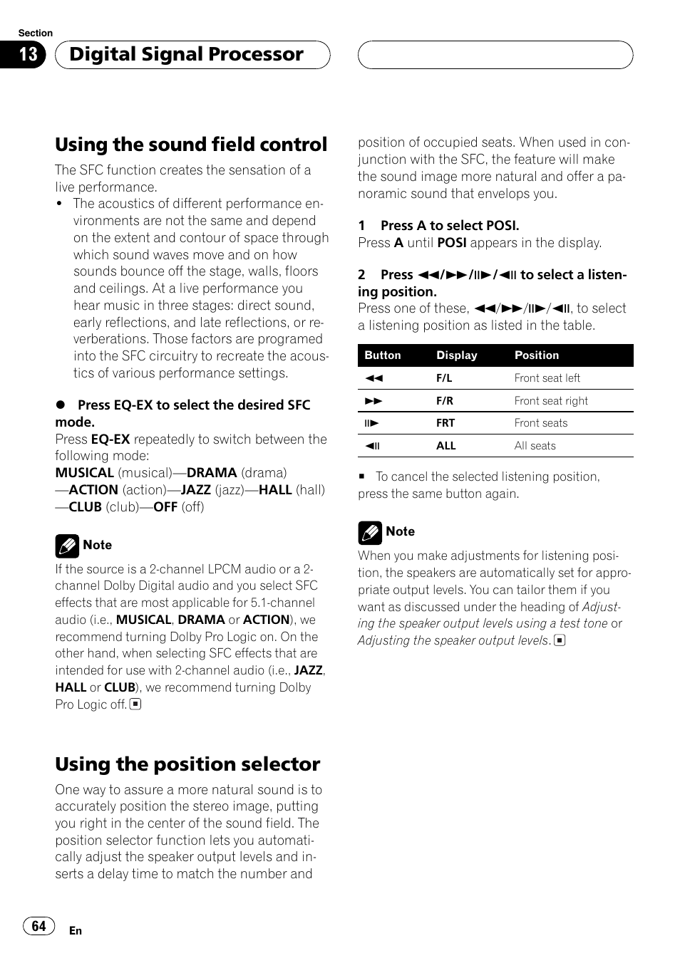 Using the position selector, Using the sound field control, Digital signal processor | Pioneer DVH-P5000MP User Manual | Page 64 / 204