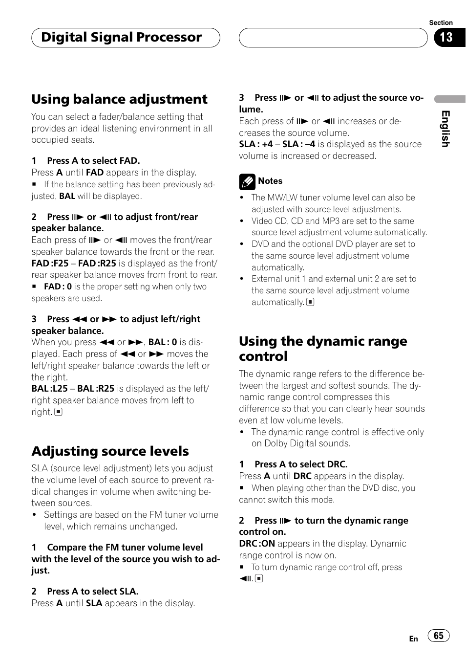 Using balance adjustment, Adjusting source levels, Using the dynamic range control | Digital signal processor | Pioneer DVH-P5000MP User Manual | Page 65 / 204