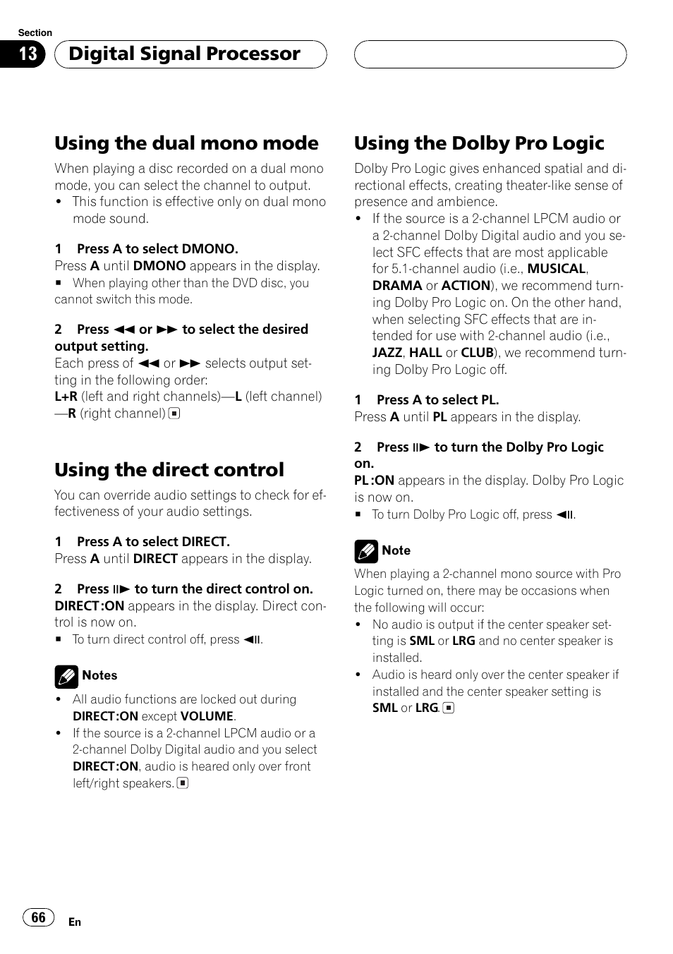 Using the dual mono mode, Using the direct control, Using the dolby pro logic | Digital signal processor | Pioneer DVH-P5000MP User Manual | Page 66 / 204