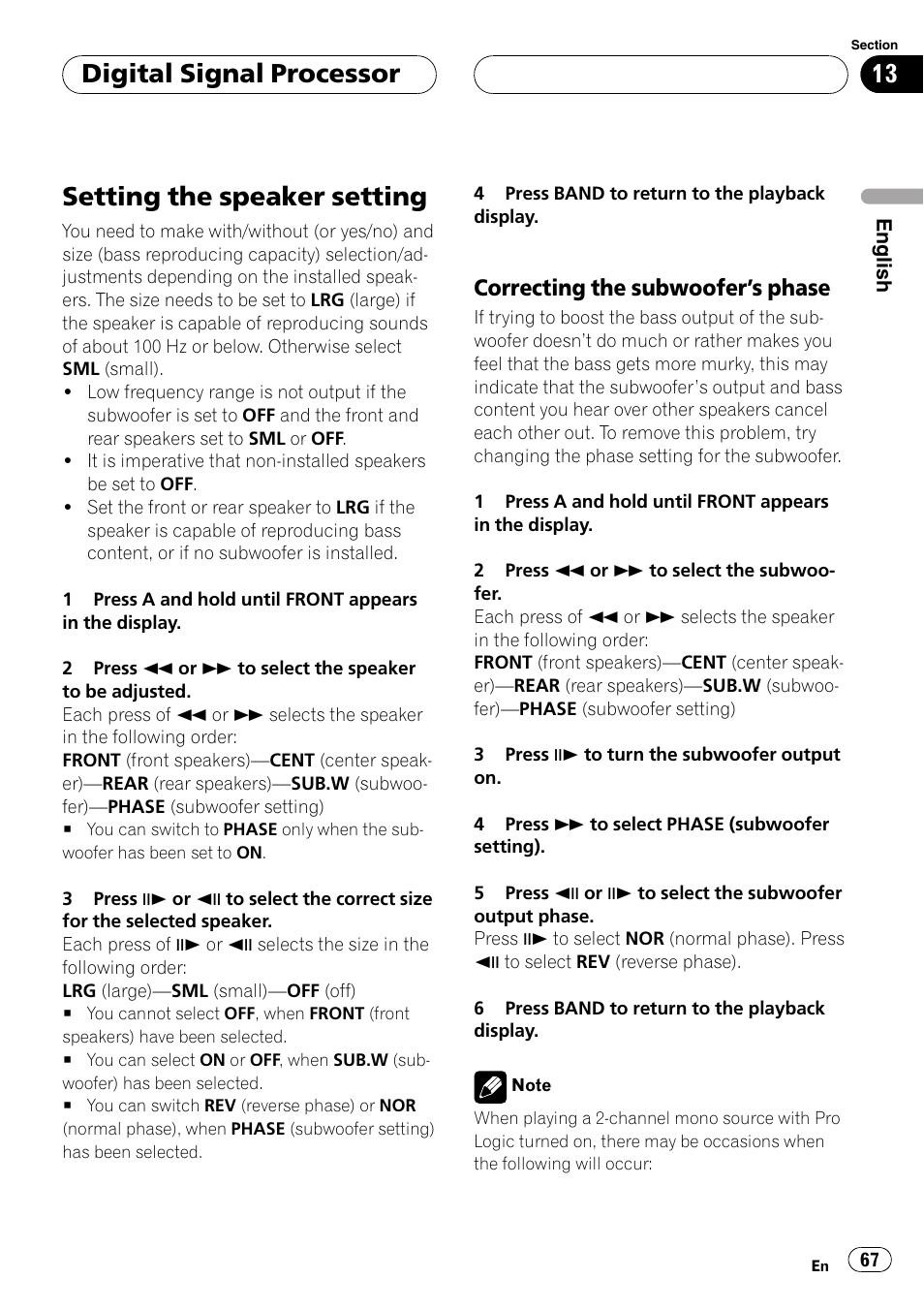 Setting the speaker setting 67, Setting the speaker setting, Digital signal processor | Correcting the subwoofers phase | Pioneer DVH-P5000MP User Manual | Page 67 / 204