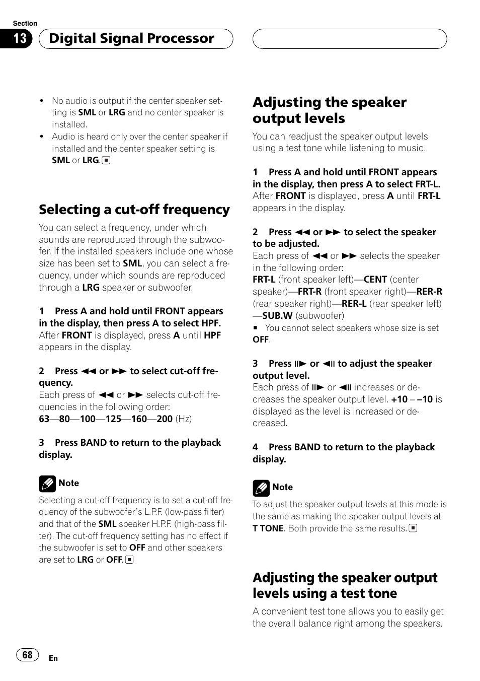 Test tone 68, Adjusting the speaker output levels using a, Test tone | Selecting a cut-off frequency, Adjusting the speaker output levels, Digital signal processor | Pioneer DVH-P5000MP User Manual | Page 68 / 204