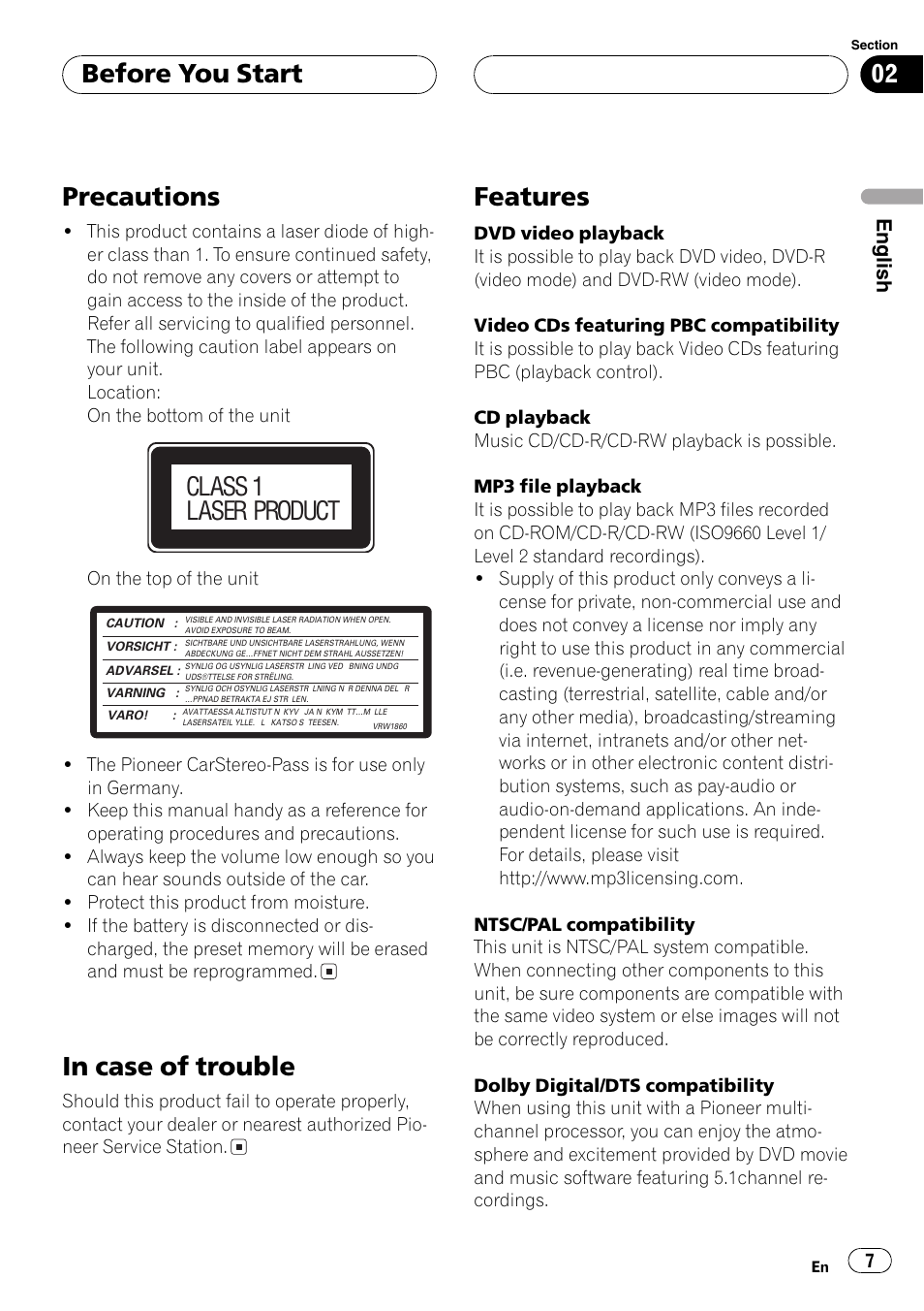 Precautions 7 in case of trouble 7 features 7, Precautions, Features | Before you start, Class 1 laser product | Pioneer DVH-P5000MP User Manual | Page 7 / 204