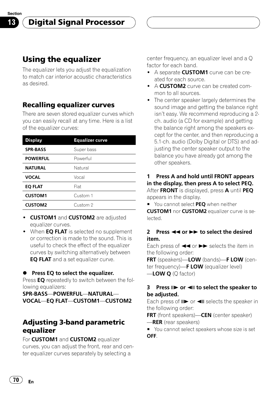 Using the equalizer 70, Adjusting 3-band parametric equalizer, Using the equalizer | Digital signal processor, Recalling equalizer curves | Pioneer DVH-P5000MP User Manual | Page 70 / 204