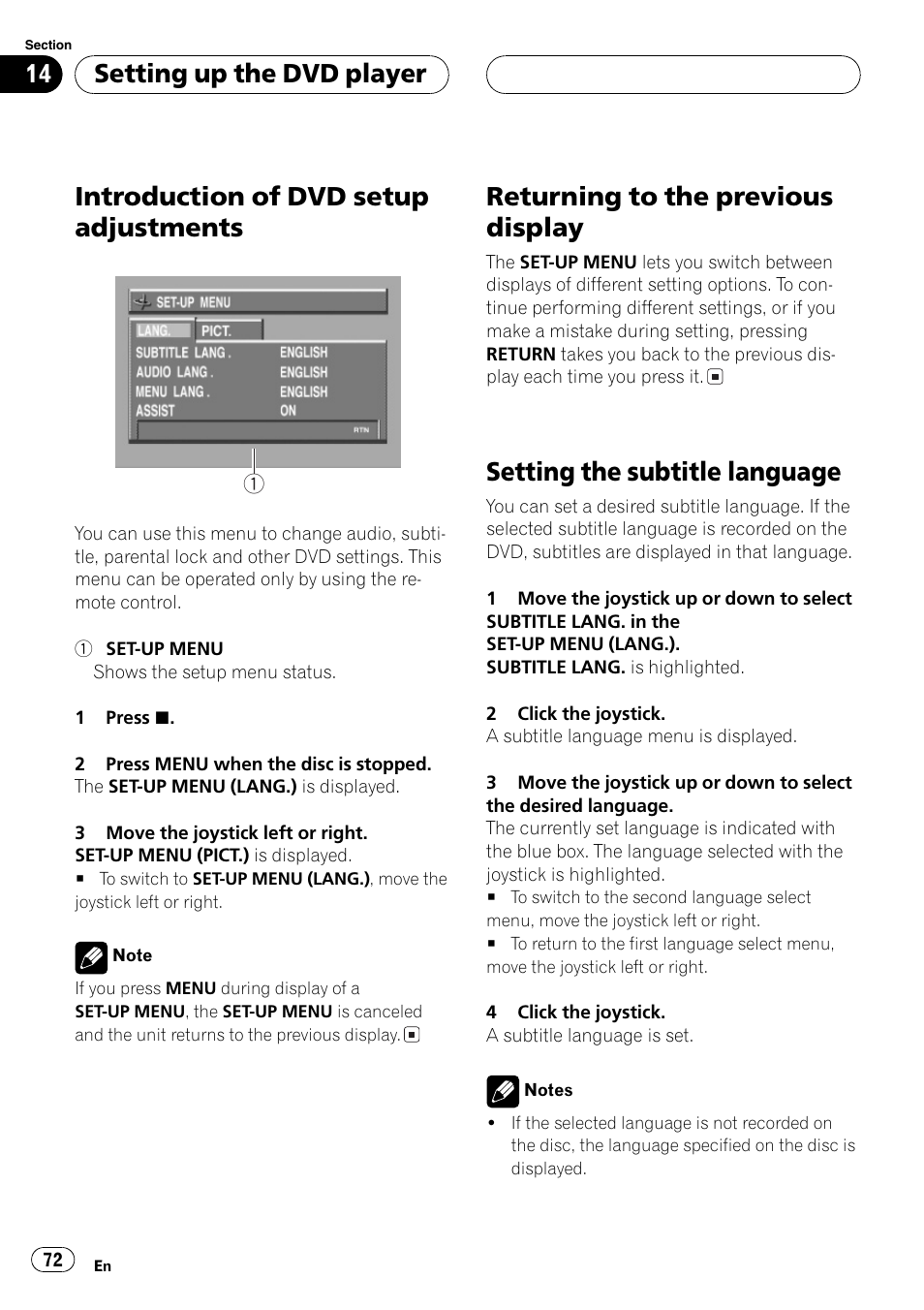 Introduction of dvd setup adjustments, Returning to the previous display, Setting the subtitle language | Setting up the dvd player | Pioneer DVH-P5000MP User Manual | Page 72 / 204