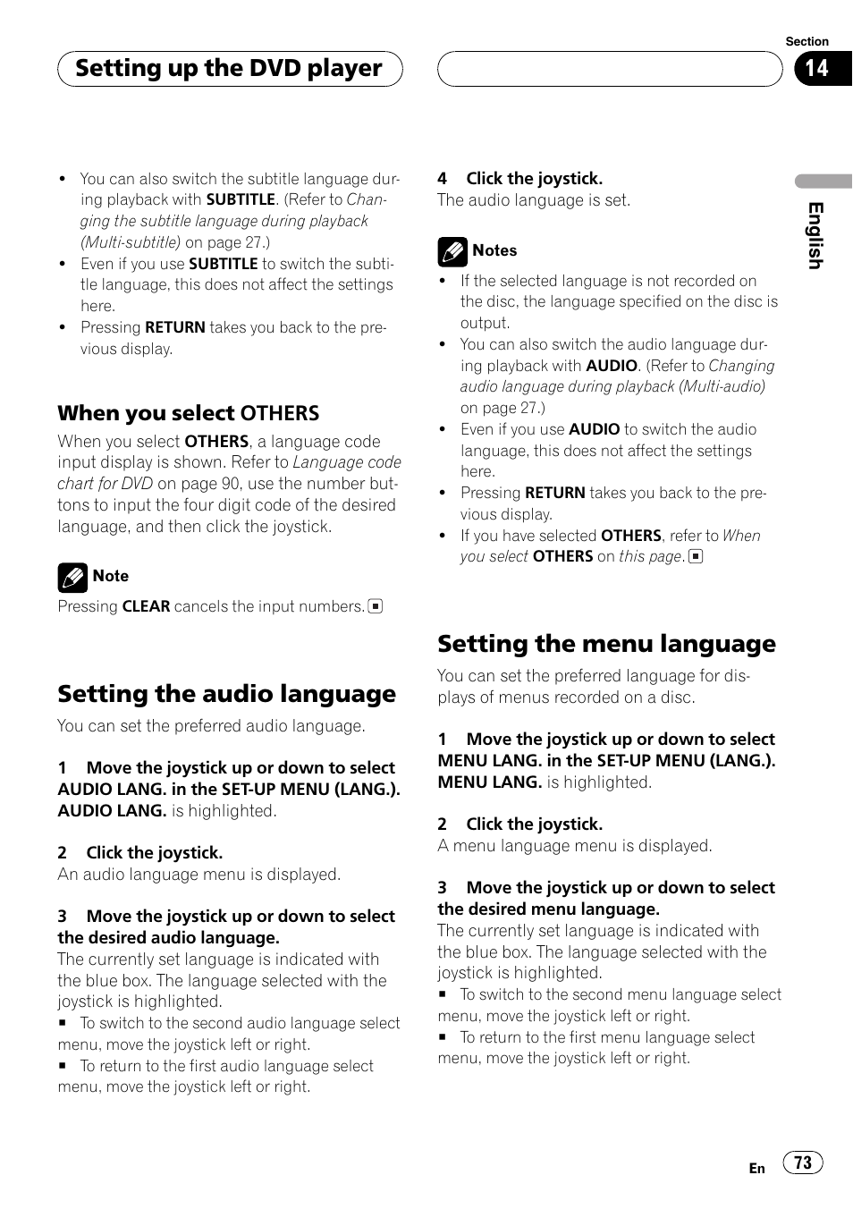 Setting the audio language, Setting the menu language, Setting up the dvd player | When you select others | Pioneer DVH-P5000MP User Manual | Page 73 / 204