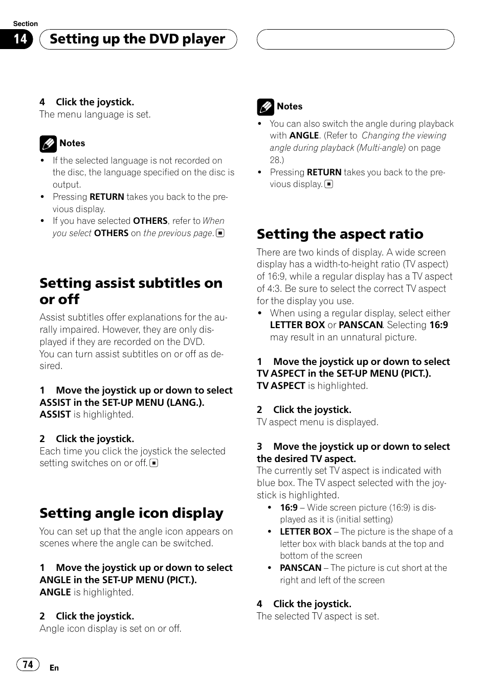 Setting assist subtitles on or off, Setting angle icon display, Setting the aspect ratio | Setting up the dvd player | Pioneer DVH-P5000MP User Manual | Page 74 / 204