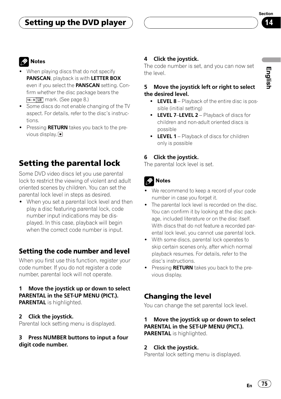 Setting the parental lock 75, Setting the parental lock, Setting up the dvd player | Setting the code number and level, Changing the level | Pioneer DVH-P5000MP User Manual | Page 75 / 204