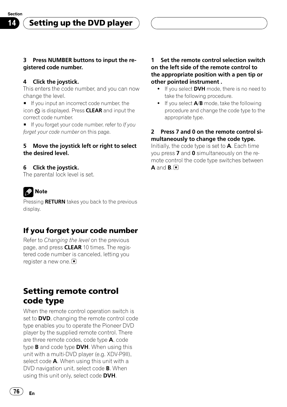 Setting remote control code type 76, Setting remote control code type, Setting up the dvd player | If you forget your code number | Pioneer DVH-P5000MP User Manual | Page 76 / 204