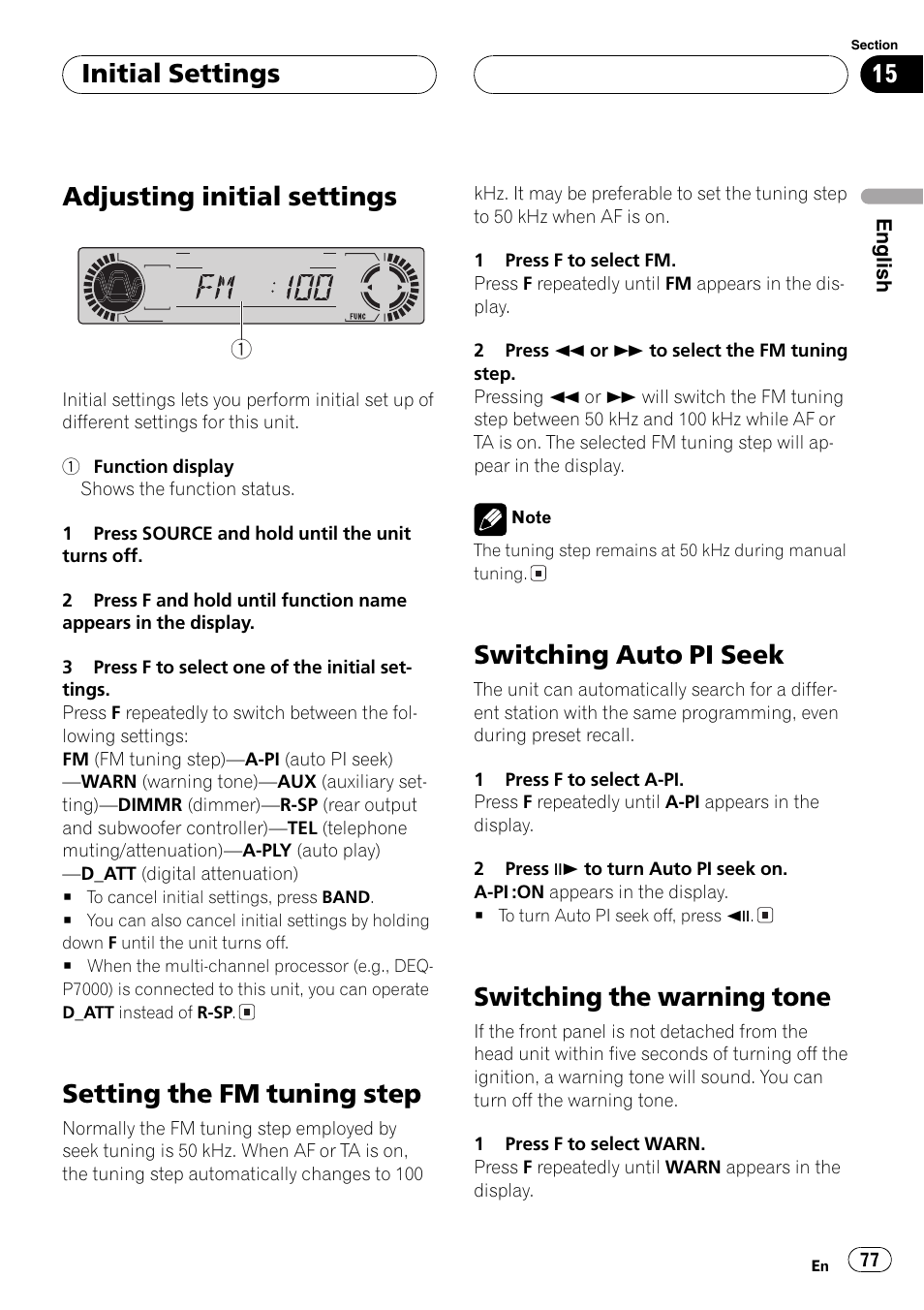 Adjusting initial settings, Setting the fm tuning step, Switching auto pi seek | Switching the warning tone, Initial settings | Pioneer DVH-P5000MP User Manual | Page 77 / 204