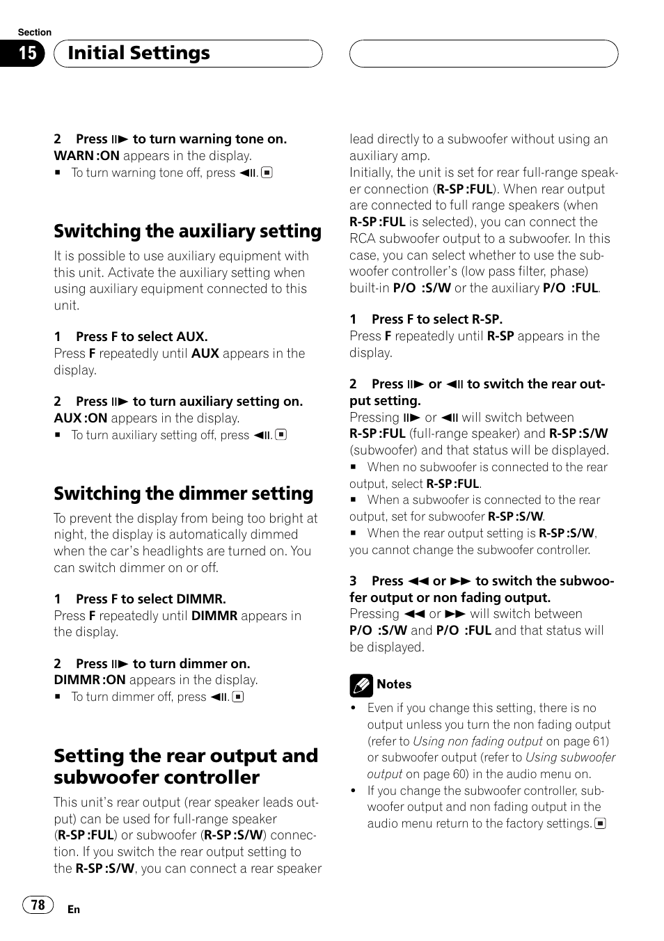 Controller 78, Switching the auxiliary setting, Switching the dimmer setting | Setting the rear output and subwoofer controller, Initial settings | Pioneer DVH-P5000MP User Manual | Page 78 / 204