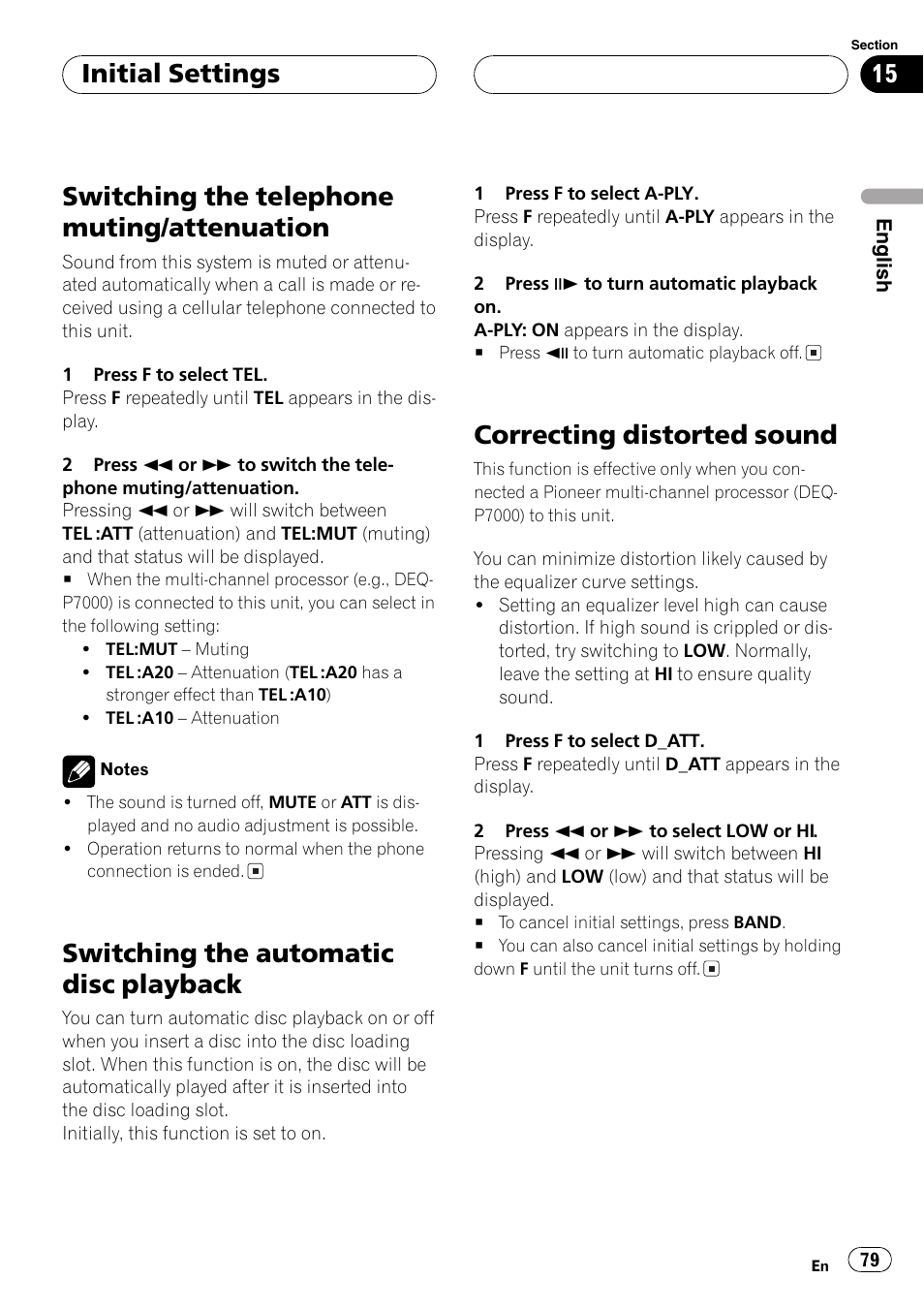 Switching the telephone muting, Attenuation 79, Switching the telephone muting/attenuation | Switching the automatic disc playback, Correcting distorted sound, Initial settings | Pioneer DVH-P5000MP User Manual | Page 79 / 204