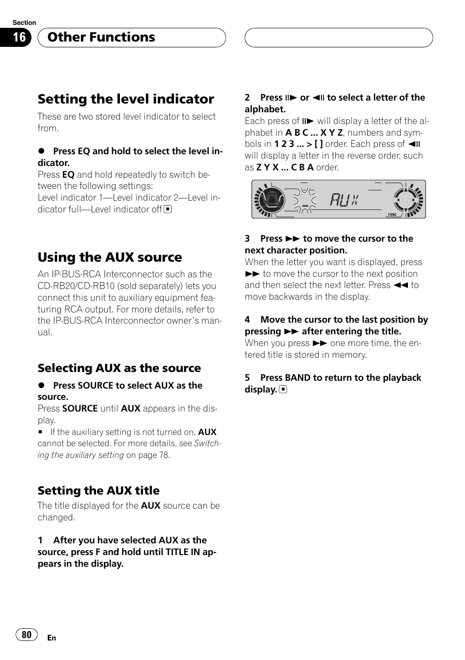 Setting the level indicator, Using the aux source, Other functions | Pioneer DVH-P5000MP User Manual | Page 80 / 204
