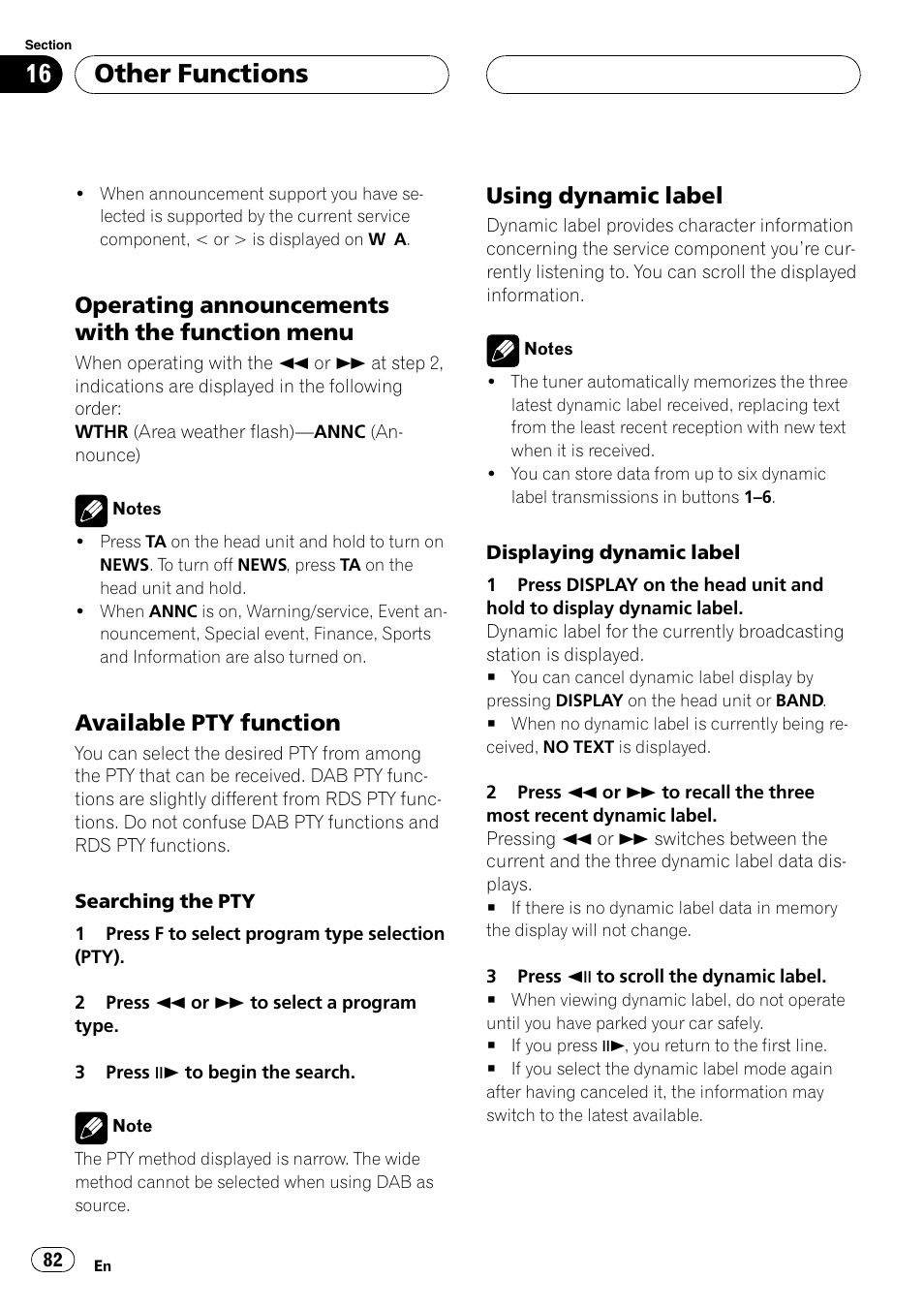 Available pty function, The next, Using dynamic label | Other functions, Operating announcements with the function menu | Pioneer DVH-P5000MP User Manual | Page 82 / 204