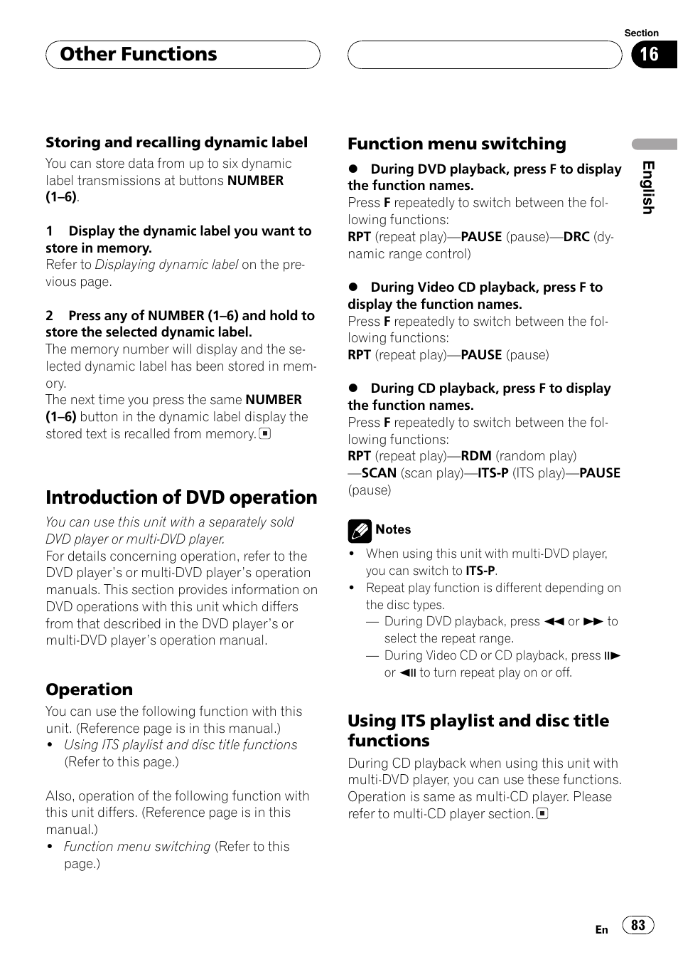 Introduction of dvd operation 83, Introduction of dvd operation, Other functions | Operation, Function menu switching, Using its playlist and disc title functions | Pioneer DVH-P5000MP User Manual | Page 83 / 204