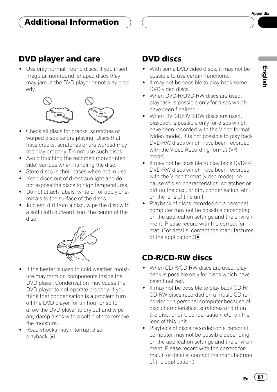 Dvd player and care, Dvd discs, Cd-r/cd-rw discs | Additional information | Pioneer DVH-P5000MP User Manual | Page 87 / 204