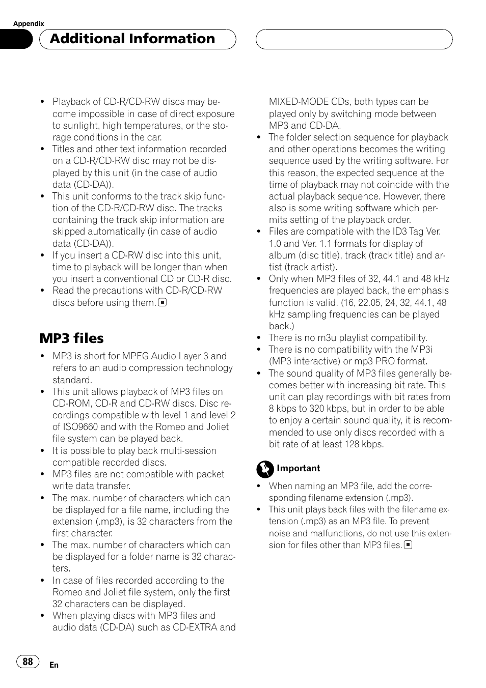 Mp3 files 88, Mp3 files, Additional information | Pioneer DVH-P5000MP User Manual | Page 88 / 204