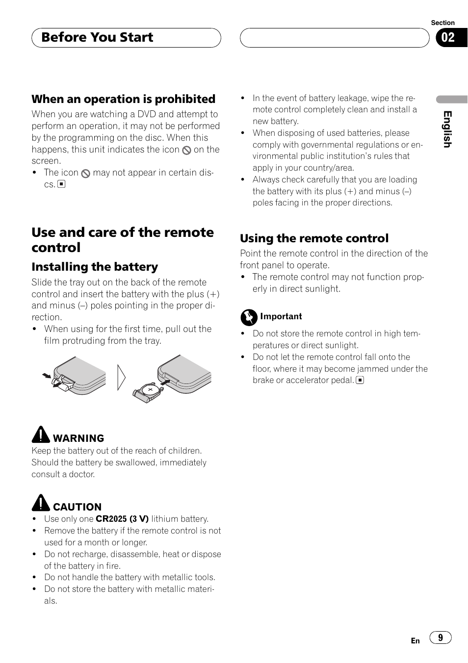 When an operation is prohibited 9, Use and care of the remote control 9, Use and care of the remote control | Before you start, When an operation is prohibited, Installing the battery, Using the remote control | Pioneer DVH-P5000MP User Manual | Page 9 / 204