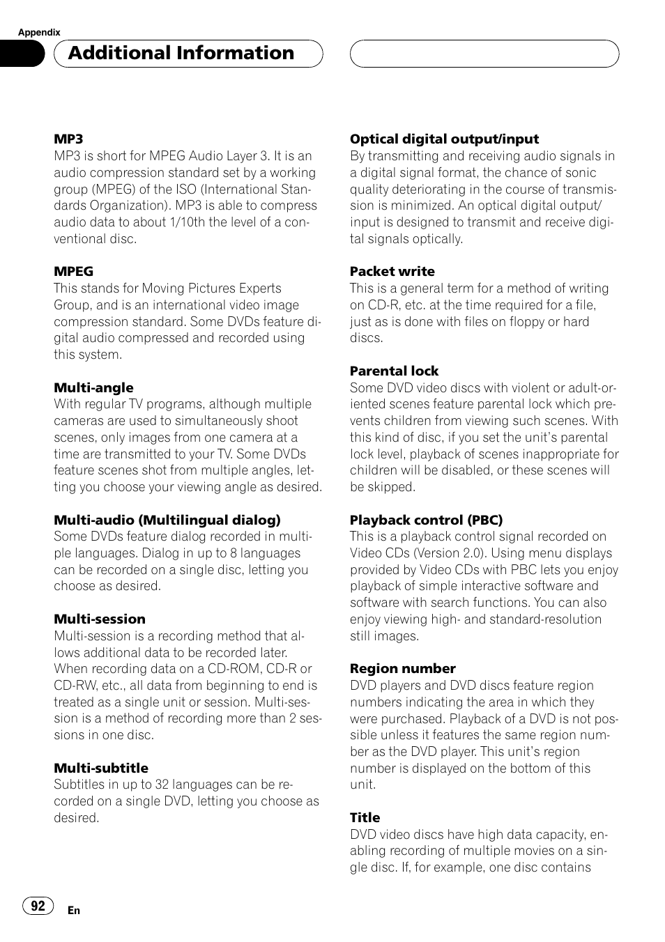 Additional information | Pioneer DVH-P5000MP User Manual | Page 92 / 204