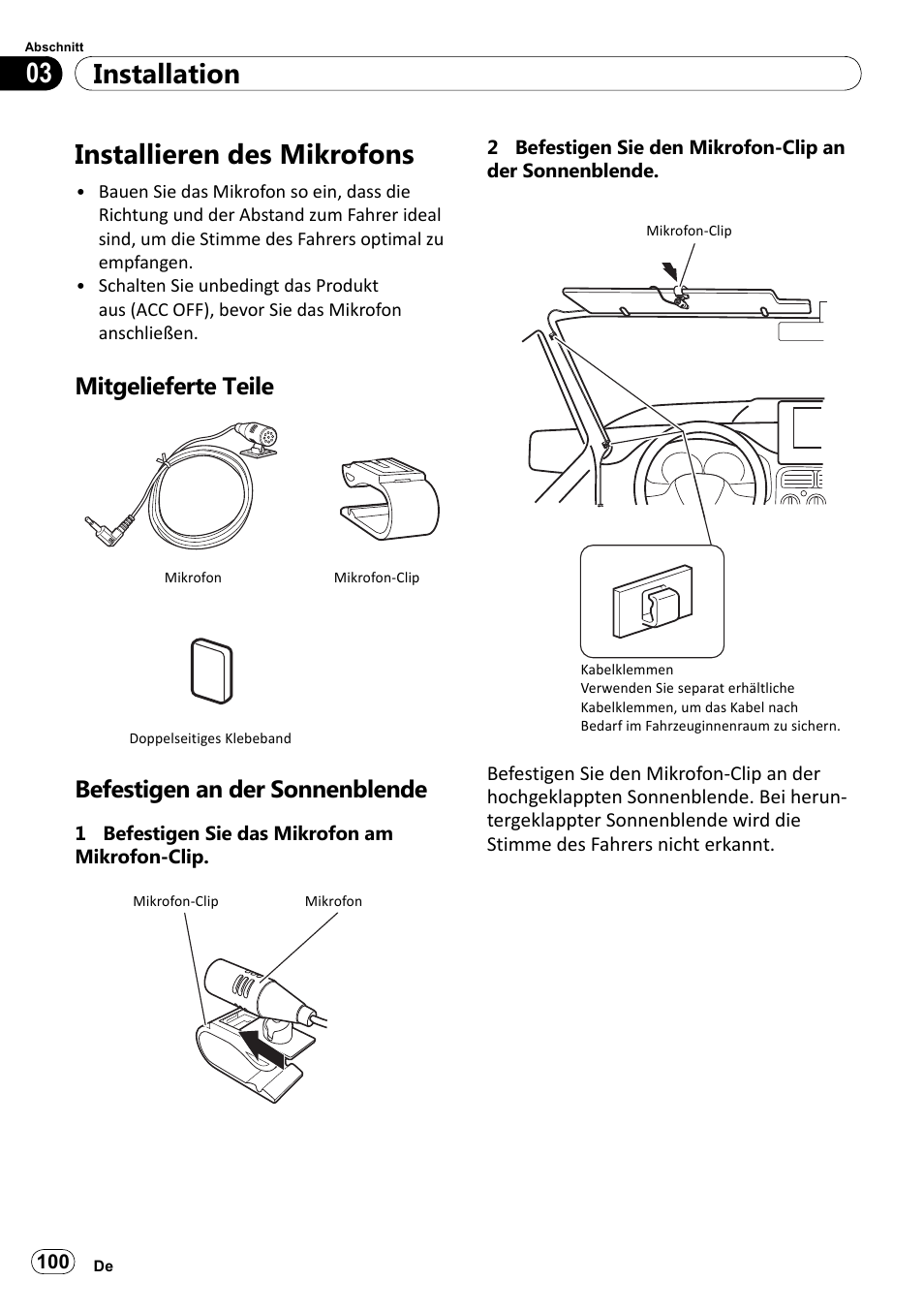 Installieren des mikrofons, Mitgelieferte teile, Befestigen an der sonnenblende | Installation 03 | Pioneer SPH-DA100 User Manual | Page 100 / 144