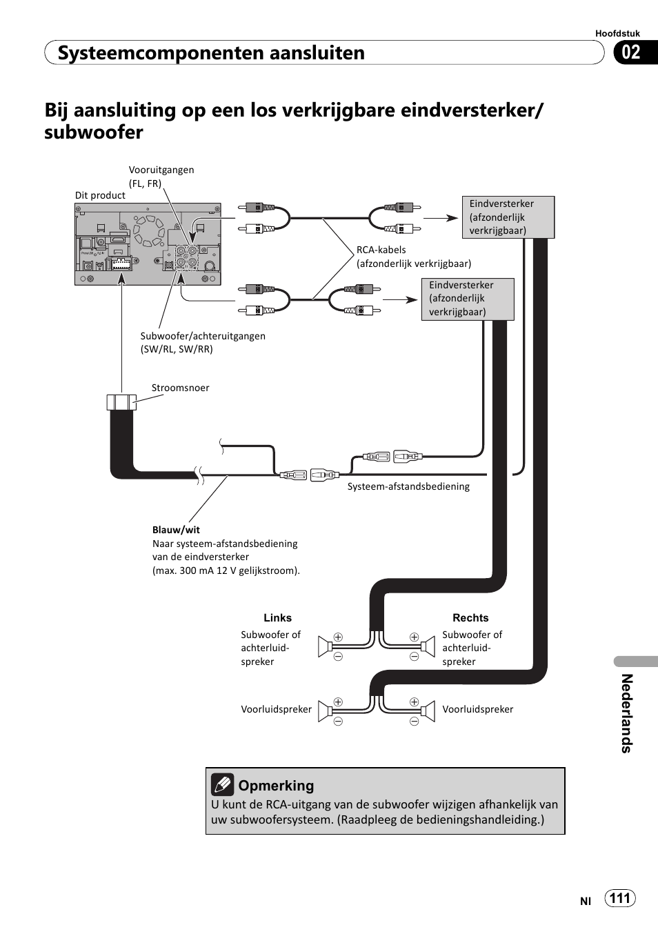 Bij aansluiting op een los verkrijgbare, Eindversterker/subwoofer, 02 systeemcomponenten aansluiten | Nederlands | Pioneer SPH-DA100 User Manual | Page 111 / 144