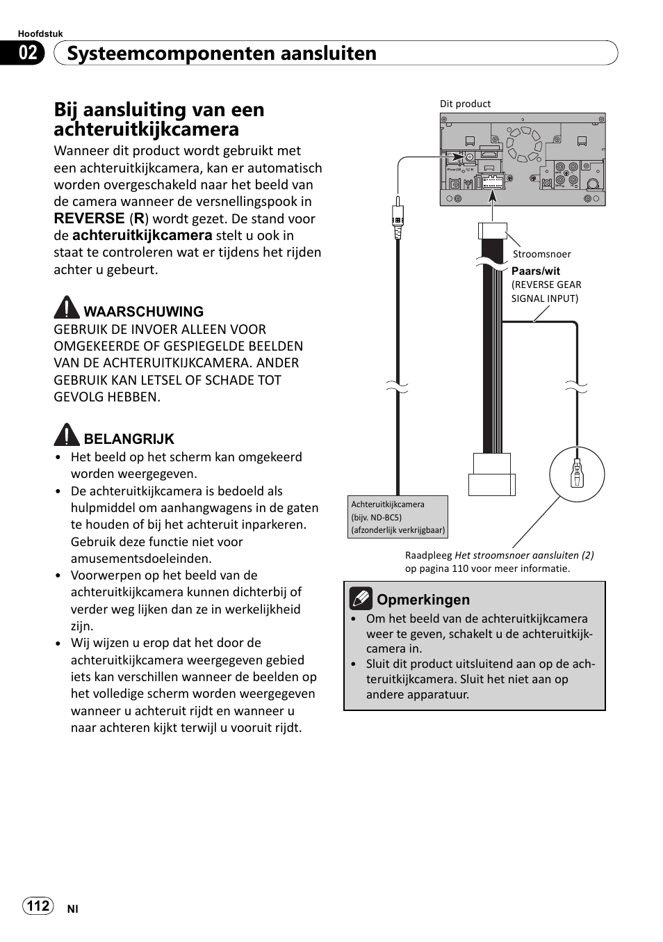 Bij aansluiting van een, Achteruitkijkcamera, Systeemcomponenten aansluiten 02 | Bij aansluiting van een achteruitkijkcamera | Pioneer SPH-DA100 User Manual | Page 112 / 144