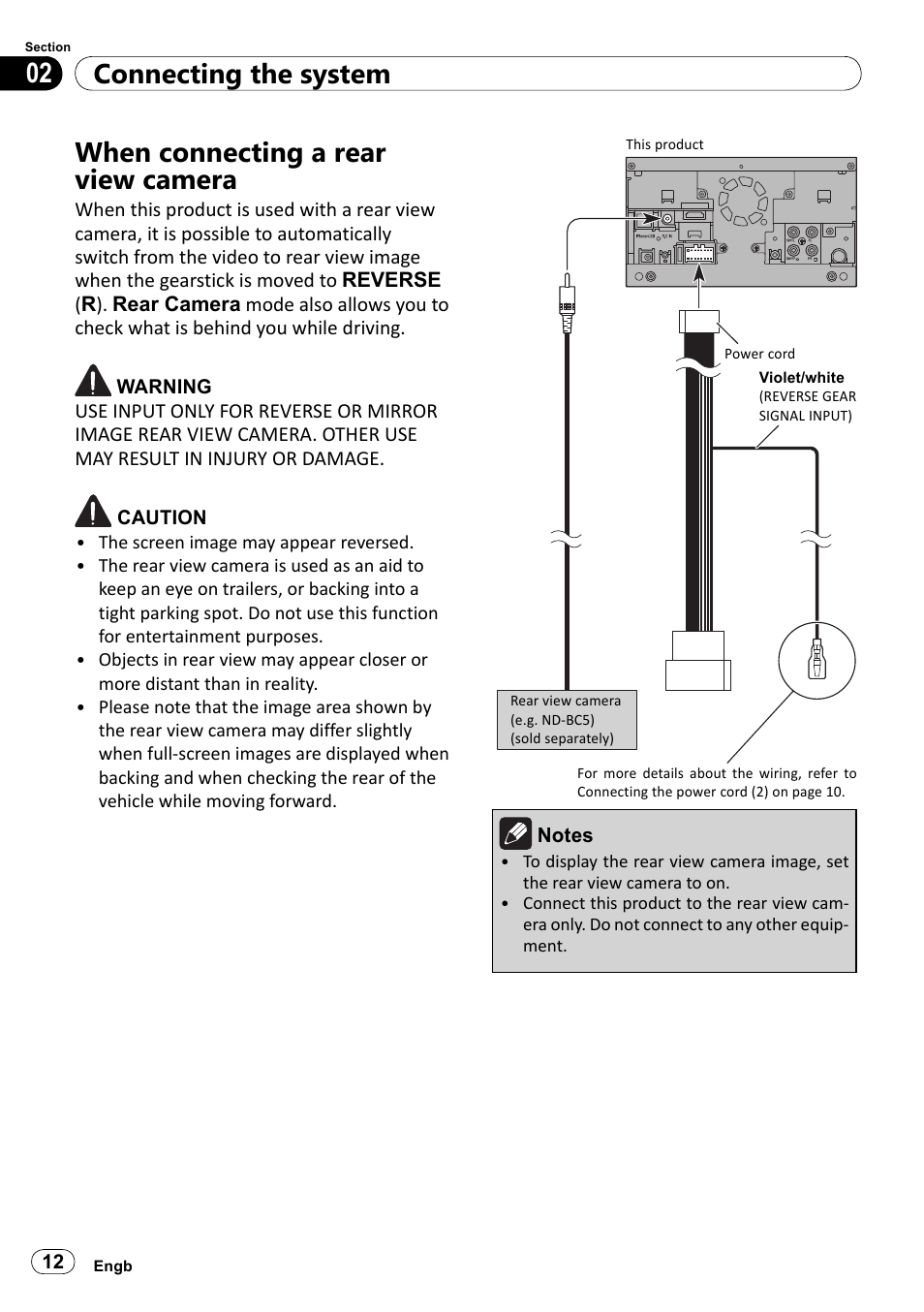 When connecting a rear view camera, Connecting the system 02 | Pioneer SPH-DA100 User Manual | Page 12 / 144