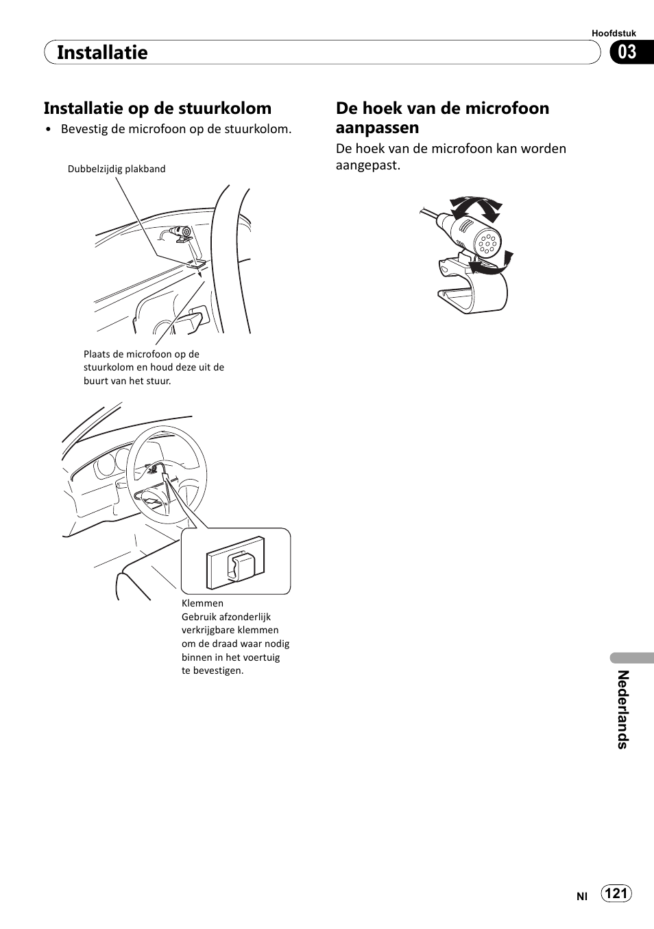 Installatie op de stuurkolom, De hoek van de microfoon aanpassen, 03 installatie | Pioneer SPH-DA100 User Manual | Page 121 / 144
