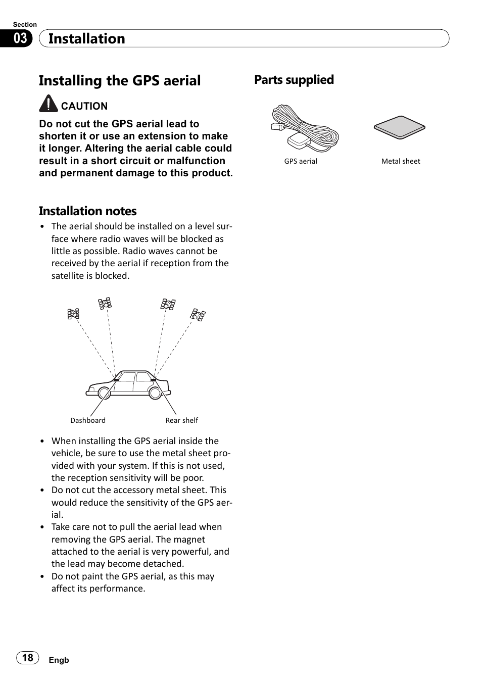 Installing the gps aerial, Installation notes, Parts supplied | Installation 03 | Pioneer SPH-DA100 User Manual | Page 18 / 144