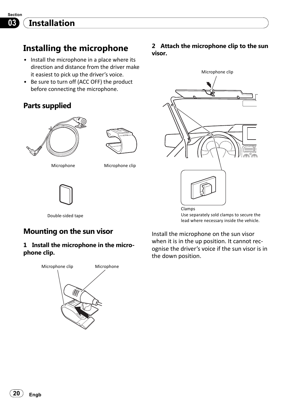 Installing the microphone, Parts supplied, Mounting on the sun visor | Installation 03 | Pioneer SPH-DA100 User Manual | Page 20 / 144