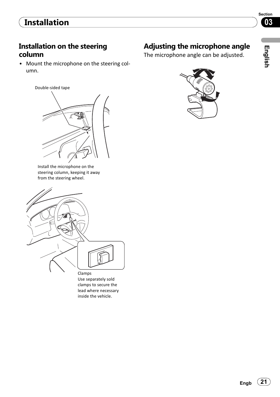 Installation on the steering column, Adjusting the microphone angle, 03 installation | Pioneer SPH-DA100 User Manual | Page 21 / 144