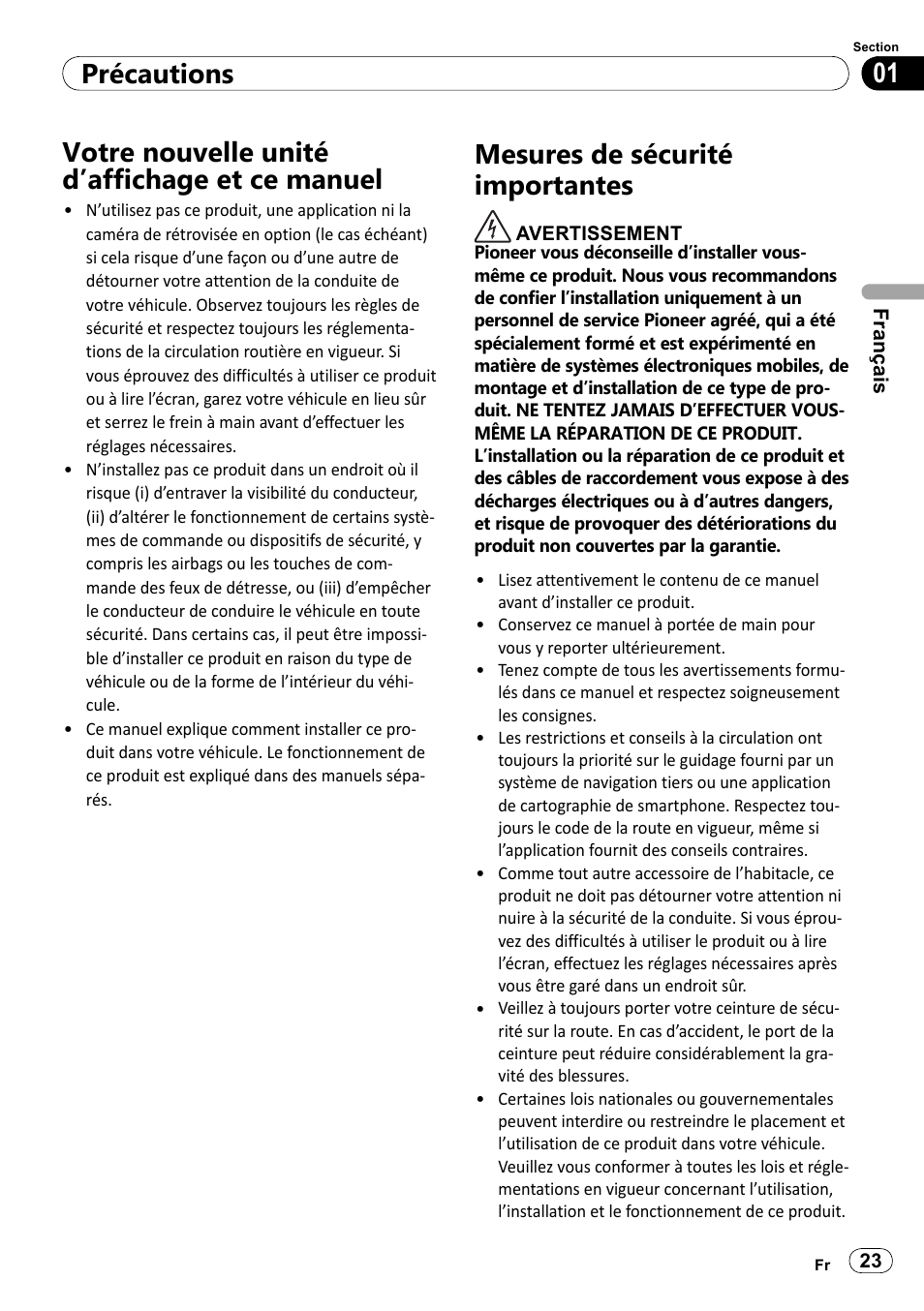 Votre nouvelle unité d’affichage et ce, Manuel, Mesures de sécurité importantes | 01 précautions, Votre nouvelle unité d’affichage et ce manuel | Pioneer SPH-DA100 User Manual | Page 23 / 144