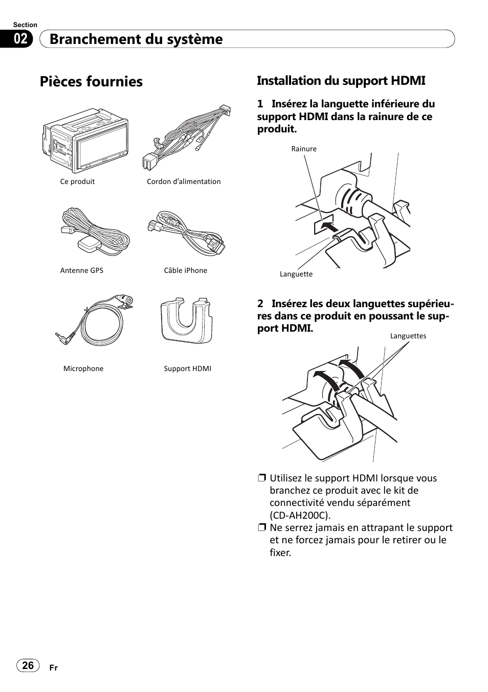 Pièces fournies, Installation du support hdmi, Branchement du système 02 | Pioneer SPH-DA100 User Manual | Page 26 / 144
