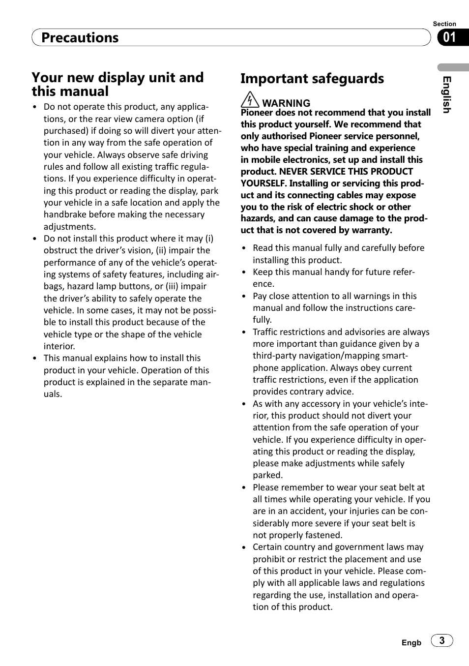 Your new display unit and this manual, Important safeguards, 01 precautions | Pioneer SPH-DA100 User Manual | Page 3 / 144