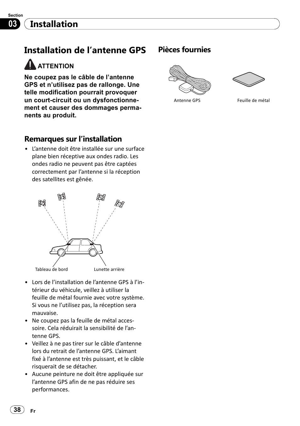 Installation de l’antenne gps, Remarques sur l’installation, Pièces fournies | Installation 03 | Pioneer SPH-DA100 User Manual | Page 38 / 144